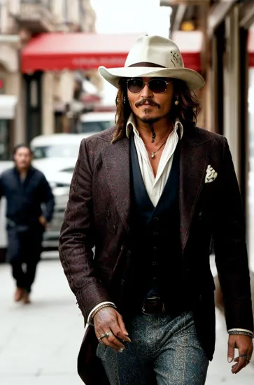 Johnny Depp, Charming man @JohnnyDepp, friendly demeanor, mid-laughter, smart in a brown suit, casually strolling past a traditional bakery, a moment of genuine happiness in an urban setting, soft focus background highlights the spontaneity of the shot.