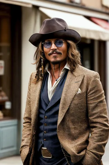 Johnny Depp, Charming man @JohnnyDepp, friendly demeanor, mid-laughter, smart in a brown suit, casually strolling past a traditional bakery, a moment of genuine happiness in an urban setting, soft focus background highlights the spontaneity of the shot.