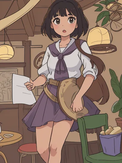 (masterpiece, best quality:1.1), 1girl, solo, (papercraft:1.1), (nakoma:1.1), from disney's pocahontas, green and brown, blunt bangs, black hair, tan skin, dress, brown eyes, serious face, looking to the side, simple background, indigo purple background, full body, papercraft, (masterpiece, best quality:1.1), 1girl, solo, medium breasts, hazel eyes, meme attire, clothing cutout, leaning back, adjusting clothes, looking to the side, day, dappled sunlight, shade, indoors, dining room, table, chairs, chandelier, decor, wall art, natural light, plants, curtains, medium hair, shaggy cut, ahoge, \;o\, small forehead, small eyes, flat nose
