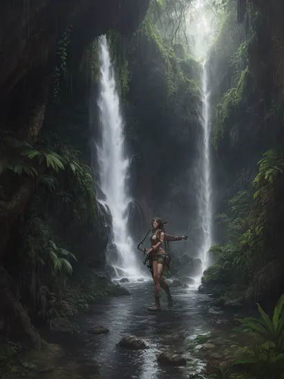 Anime, Lara Croft, drenched from the rain in a dense jungle, meticulously repels down a cascading waterfall. Around her, the jungle comes alive with the sounds of wildlife. The shimmering water crashes, revealing hidden pathways and ancient temple ruins glowing with a faint, mysterious light. Every lightning flash briefly reveals lurking shadows and secrets waiting to be uncovered.