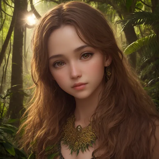 an angel in the most amazing jungle forest, majestic mountains, sunset, ultra detailed face, photorealistic, 8k, hdr, intricate details, macro photography