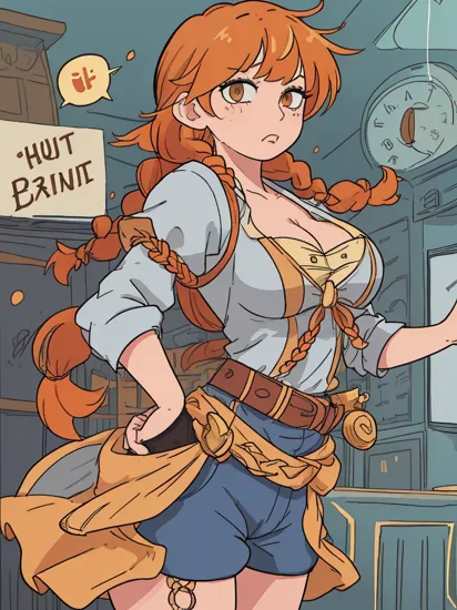 cowboy shot, 1girl, pout, speech bubble, (spoken anger vein:1.3), closed mouth, breasts, gigantic breasts, Dark orange hair, (gradient hair), (asymmetrical bangs, tri braids:1.3), gold eyes, Cinderella bust, cleavage, wearing sash and lowleg shorts, no hair accessories and no headwear, at (control tower:1.3), incredibly absurdres, 8k wallpaper, finely detailed background, amazing background