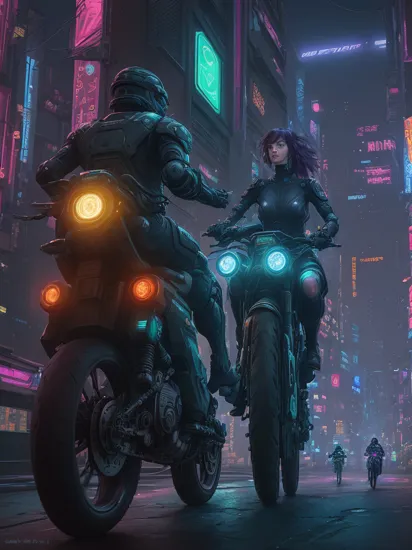 Two people, Cortana and Master Chief riding sci-fi bikes in a colorful cyberpunk city, reimagined in a cyberpunk universe, cyberpunk cityscape, cyberpunk, cyberpunk style, glowing neon light, detailed background, masterpiece, best quality, high quality, absurdres, vivid 