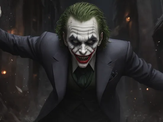 the Joker (DC comics), dark magic variant, suit made of evil magic:3, laughter:2, insanity:4, wide open mouth:3, creepy posture, sinister, cinematic photo, 32k, highly detailed, uhd, hdr, stunning image, intricate details, action background, ultra-realism, detailed, 32k, trending, stunning image, cinematic film, IMAX, cinematic composition, intricate details, HDR, UHD
