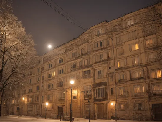 beautiful photo of old soviet residential building in russian suburbs,street photography, moscow,saint petersburg, lights are on in the windows, deep night, post - soviet courtyard, rusty walls, cozy atmosphere, winter, heavy snow, fog, street lamps with orange light, several birches nearby, several elderly people stand at the entrance to the building,  