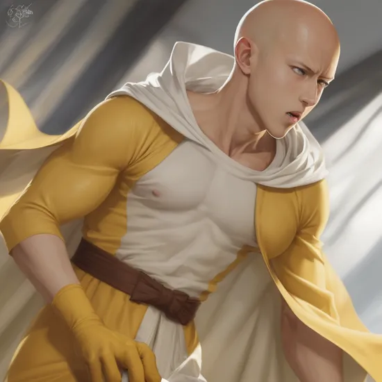 (masterpiece), (best quality), (photorealism),(HDR), (Hyperrealistic), Saitama from one punch man eating banana, yellow dress, white cape