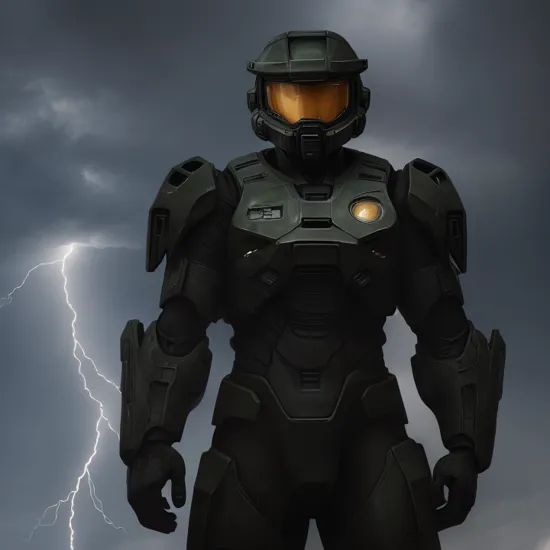 masterpiece, Master Chief standing menacingly on a dark background with lightnings behind him, thick black outline