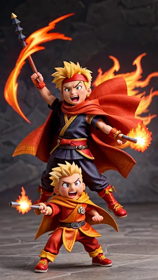 Fiery spirit Donald Trump, ((spiked blond hair)), ninja headband, dynamic pose, traditional cloak with a modern twist, swirling flames and clouds in the background, essence of a fighter, sharp facial features, anime character ready for battle, vibrant orange and black color scheme.