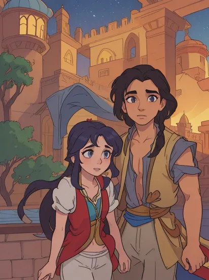 1boy, 1girl, jasmine, dark-skinned female, pale skin, multi-tied hair, night sky, long hair, blue bandeau, Princess Jasmine and poverty Aladdin stands on the balcony of her palace, Aladdin on one knee holds Jasmine's hand, Aladdin, man in hat, hairy man, (bearded man:0.4), (a man wearing a red unbuttoned gilet over his bare torso and wide Arabian trousers:1.1), a couple of richly embroidered square rugs, surrounded by lush gardens and Arabian architecture, Agrabah, Arab architecture, Disney style, magical lighting, enchanting atmosphere, Digital artwork, Resolution: 4k, cinematic view, scenic perspective, (best quality:1.2), (masterpiece:1.3), (high resolution:1.3), ,