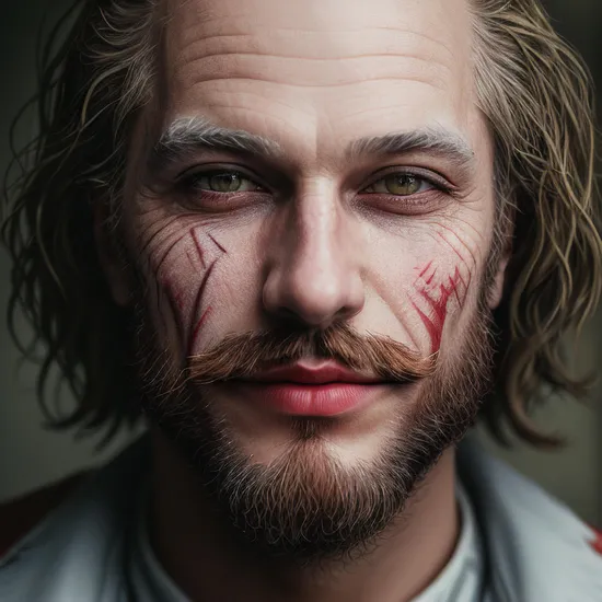 sks man, (larr3ta:1)  painted face like (The Joker:1) with beard, 8k, high detailed 