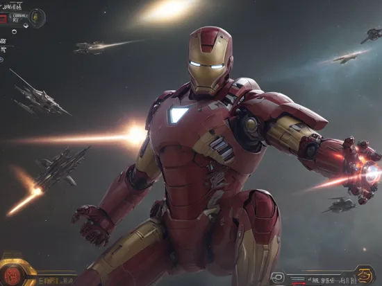 high quality,A strategic space combat scene in a mecha game interface, showcasing the iconic Iron Man in place of the traditional mecha. Tony Stark's confident and intelligent visage replaces the pilot's portrait, his sharp gaze and wry smile indicating his readiness for the battle. The Iron Man suit, detailed and glowing in the game's HUD, is poised for action, with high HP and energy levels emphasizing its power. Enemy targets are marked on the HUD, signifying an approaching high-stakes encounter. Behind, the tranquil expanse of space contrasts with the imminent high-tech warfaret, 