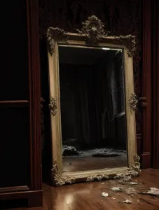 A terrifying creature, almost a nightmare, reflecting in a broken gothic mirror, the room is dark.