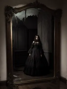 A terrifying creature, almost a nightmare, reflecting in a broken gothic mirror, the room is dark.