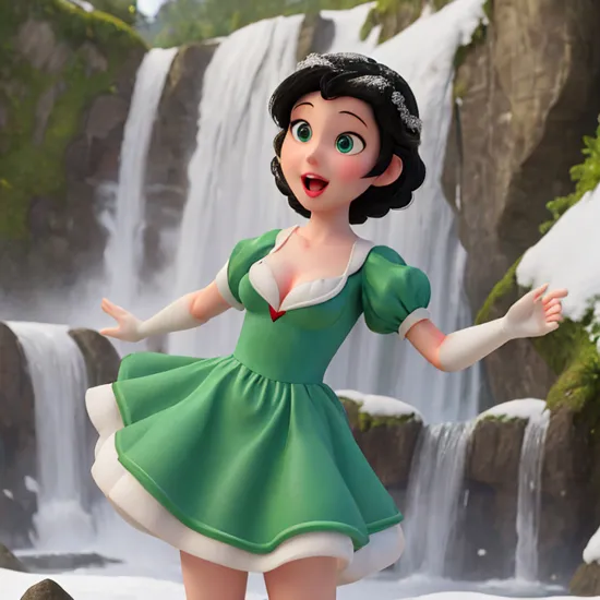 (Snow White:1.3), (Disney style:1.3), 3D render, curious expression, hair in a bun, wearing a sexy green dress, standing in front of a waterfall, super detailed face, beautiful, looking at camera, open_mouth, porn, nsfw, small boobs, small tits [boobs size:0.2], detailed eyes, 4k, high quality