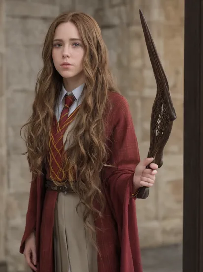 (full height:1.3), a beautiful (ohwx woman:1.1) withAs Hermione Granger from the Harry Potter series, clad in her Hogwarts school uniform with a Gryffindor tie and robe, her wand at the ready. She stands in the halls of the magical castle, her intellect and loyalty shining through as she prepares to face challenges with her friends Harry and Ron., inspired by Krenz Cushart, neoism, kawacy, wlop, gits anime,A medium length hairstyle, styled into loose, beachy waves., 