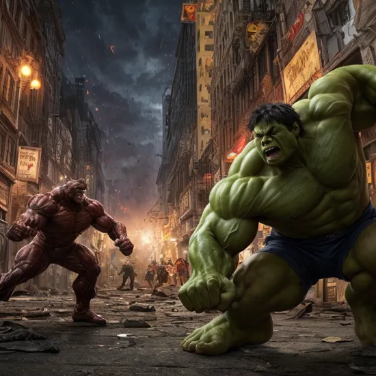 hulk, facing off against a superpowered villain, fists raised, grim determination, streets, night, crumbling buildings, intricate details, masterpiece, absurdres, best quality 