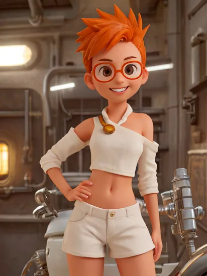 Edward,  tan skin, tomboy, midriff, orange hair, (white loose shirt), off shoulder, spiked hair, barefoot, bike shorts, brown eyes, goggles on head,   upper body, smile,
space station, engine room, 
 (insanely detailed, beautiful detailed face, masterpiece, best quality)  volumetric lighting, best quality, masterpiece, intricate details, tonemapping, sharp focus, hyper detailed <lora:Edward-06:0.8>