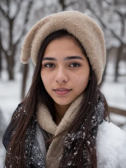 raw portrait photo of a beautiful cute 22yo nicaraguan woman, street photography, winter, snow, autofocus, skin moles, detailed skin, cinematic shot, wearing