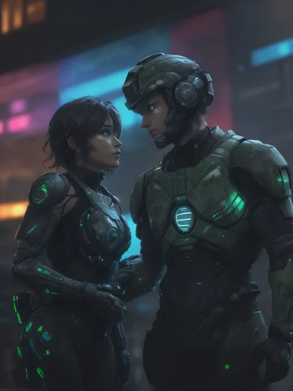 Two people, (glowing tattoos hologram Cortana) and (military camouflage colored Master Chief), reimainged in a cyberpunk universe, cyberpunk, cyberpunk style, cyberpunk style art, cyberpunk surroundings, glowing multicolored neon lights, rain, raining, lightning, cinematic scene, detailed background, masterpiece, best quality, high quality, highres, absurdres, 16k resolution   