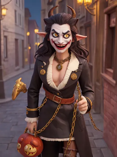 ((portrait)), award-winning photo portrait of a Tiefling with long thin twisted horns, dark red skin, curly black hair, an evil smile, glowing yellow eyes, lion fangs in the role of a Joker\(Joker 2019\), stands in a leather coat with metal chains, brass buttons against the background of a medieval city's night street, ((Portreitshoot)) directional look, cinematic composition, (intricately detailed, fine details, hyperdetailed), ultra-detailed, (backlight:1. 2)