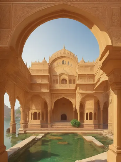 (masterpiece:1.3), (best quality:1.2), (intricate detailed:1.2), (hyperrealistic:1.2), (professional photograpy:1.1), highly detailed, absurd res,  exterior architectural photography of a fort of jaipur on a small lake, in the style of dimitry roulland, elaborate gilding, 32k uhd, neoclassical symmetry, studyblr, golden hues, gediminas pranckevicius