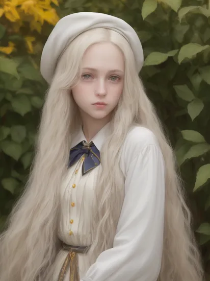 an awarded profesional photography of 1girl   Harry Potter style, analog style  (pale white skin), beautiful yellow eyes,)  absurdly long hair  curly hair platinum blonde  with beret  with bracelet clothing aside shy,she make arms crossed  neckerchief  in a greenhouse, in autumn by William Eggleston Emergency Lighting,(epic scene:1.3),ultradetialed character with perfect face,detailed skin,(ultrasharp:1.3),(masterpiece:1.1),best quality ,(photorealistic:1.2),ultrarealistic,realistic ultradetailed character,4k perfect quality,character focus,<lyco:GoodHands-beta2:1>Magnificent,Imperceptible detail,Intricately designed, <hypernet:sxzBloom_sxzBloom:0.6> hotify  neostyle,cityscape,scenery