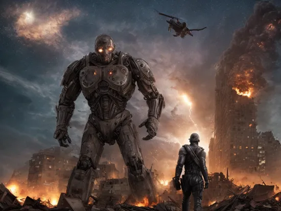 apocalypse buildings in ruins destroyed, explosions in the background, night sky,  full body shot (Realisitc:1.5) man terminator grabbing human woman, 