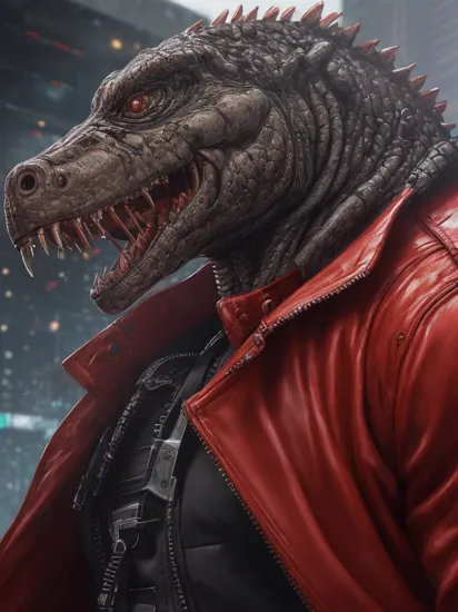 ((terminator)), side view, city, ((biogan)), ((((cyber)))), (smiling crocodile in a red jacket),real,detailed,detailed eyes,detailed face,best quality,professional photo,photorealism,high quality,volumetric,ray tracing,HDR,4K,8k,absurd res,max shading,((masterpiece)) ,      
