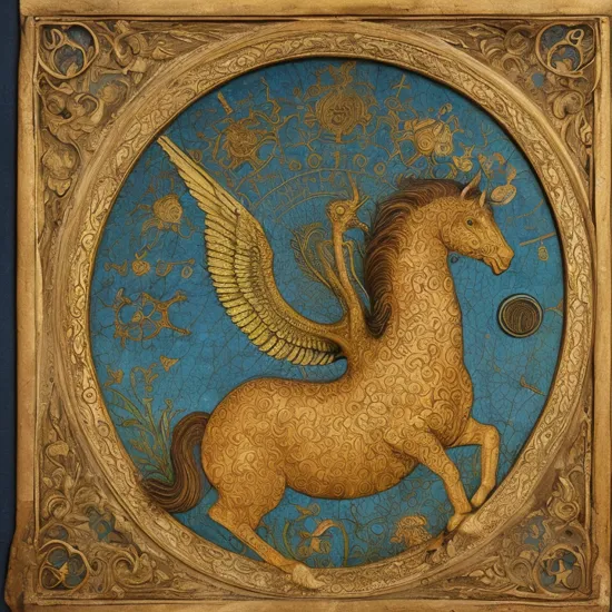 Mythical beast in a composition based on the Golden Ratio, Leonardo da Vinci, bright colors, blue, yellow, orange, antique green smoky background, maximum resolution