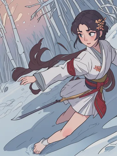 (Winter Warrior Mulan), Vintage photograph showcasing the winter warrior spirit of Mulan in a revealing costume, nsfw, Mulan wears a kimono-inspired gown with floral patterns and winter hues, The pose involves Mulan wielding a vintage sword, showcasing strength and grace, Framing captures Mulan in a snow-covered bamboo forest, The setting is a serene winter landscape with ancient architecture, Lighting creates a dramatic interplay between shadows and snow, Shot from a side angle, this composition embodies Mulan's resilience in the face of winter challenges,, (looking at viewer:1.1), pubic hair, detailed pussy, spread legs, open legs, upskirt, glossy skin, subsurface scattering, 