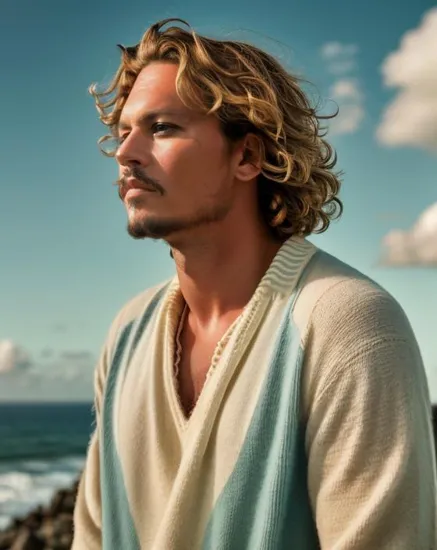 Dreaming man @JohnnyDepp, curly blond hair, striped sweater, profile view, vast blue sky backdrop, the horizon line barely visible, soft sunlight illuminates his features, thoughtful expression, the image captures a sense of freedom and introspection.