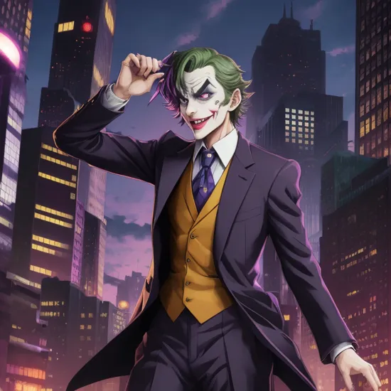 anime artwork of  
In Gotham City a cartoon joker with a tie and a purple suit Batman The Animated Series Style, anime style, key visual, vibrant, studio anime,  highly detailed