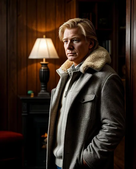 Contemplative Trump, youthful features, swept-back blond hair, clad in a herringbone-patterned coat with a prominent shearling collar, arms crossed, stands in a dimly lit, wood-paneled room, ambient warmth suggested by soft, diffused lighting, the background a blur of indistinct figures, adding a sense of depth and solitude to the subject's presence.