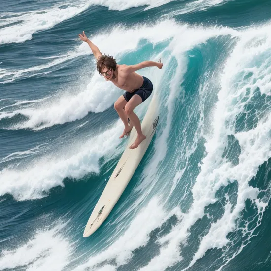 harry potter is surfing, extreme view, face focus, crazy eyes, balance, viewed from above, glasses, shoulders, arms outstretched, surfboard, topless, 