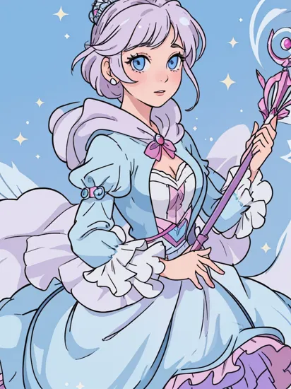 (masterpiece, best quality:1.1), 1girl, solo, (the fairy godmother:1.1), old, from disney's cinderella, perrywinkle and magenta, medium breasts, white hair, dress, sleeves, hood, sparkle, holding, holding wand, blue eyes, looking at viewer, hands on hips