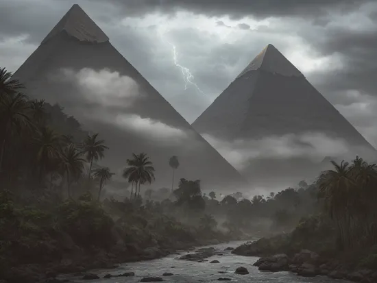 landscape photo, realistic, ultra details, natural light, epic mountain and river Nile background, award winning portrait photo, Style-Hamunaptra_SD2, dense jungle in background, ((Egyptian Pyramid)), stormy, storm clouds, lightning, photorealistic, cinematic lighting, dark atmosphere, volumetric lighting, action pose, epic scene, lots of fine detail, movie style, photography, natural textures, natural light, natural blur, photorealism, cinematic rendering