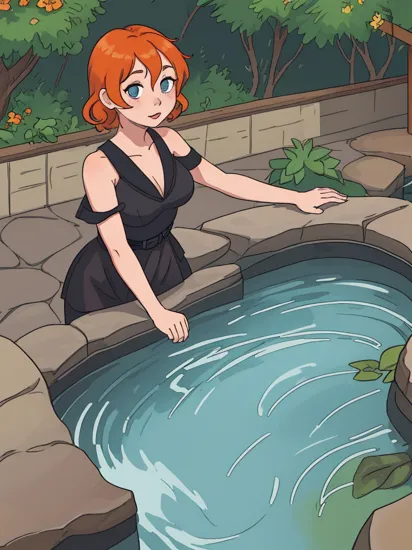 onsen, 1girl, MeridaWaifu, looking at viewer, orange hair, curly hair, blue eyes, freckles, lips, contempt, large breasts, collarbone, bare shoulders, solo, leaning forward, (black dress:1.3), strapless, hanging breasts, outdoors, garden,     