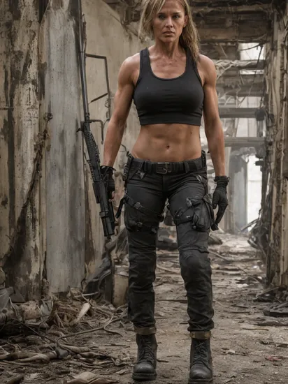Underexposed Photography, (ohwx woman:1.0),As Sarah Connor from The Terminator series, wearing a black tank top, cargo pants, and combat boots, showcasing her muscular physique and determination as a fierce warrior. She stands in a post-apocalyptic setting, armed with a shotgun, her steely gaze focused on the looming threat of the machines.,  