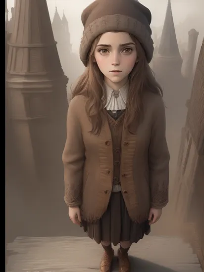 [[Hermione Granger]] ((portrayed by Emma Watson)), bushy brown hair and brown eyes, long hair, beanie hat, harry potter movies style, ((detailed facial features)), (((full body))), (hogwarts on background), ((((cinematic look)))), soothing tones,intricate scene, insane details, intricate details, hyperdetailed, low contrast, soft cinematic light, dim colors, exposure blend, hdr, faded, slate atmosphere, Studio Ghibli, ArtStation, CGSociety, Intricate, High Detail, Sharp focus, painting art by Jakub Rozalski and Greg Rutkowski