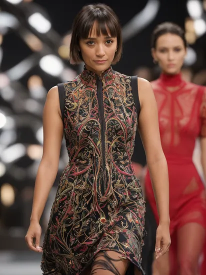 RashidaJones, glamour photograph, supermodel, wearing (postmodern colorful high-fashion architectural structural dress:1.2), walking on the ramp at fashion show, subtle dim lighting, intricate detailed face (rendered glossy eyes), perfectly composed, upper body, intricate details, serious look, ((black background)), pose, modelshoot, RAW, analog, Nikon 75mm f1.2,   