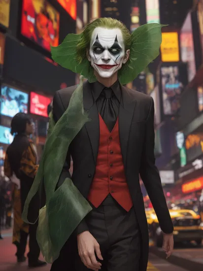     A photograph photo for the joker, a huge transparency lotus leaf wraps the joker, highlight makeup and colorful, wearing a black suit with a red shirt and black pants, oriental minimalism style, light red and green and emerald green, oriental aesthetics, cheering with hand in the time square street in America, cars and people walking in the background, evil face and bad look with a smile on his face, (evil smile:1.2)