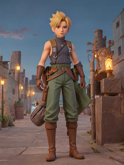 masterpiece, best quality, 1boy, Cloud Strife, shoulder armor, sleeveless turtleneck, suspenders, belt, baggy pants, gloves, bracer, boots, futuristic city background, night time, upper body, portrait, centered, up close, scowl, looking at viewer  