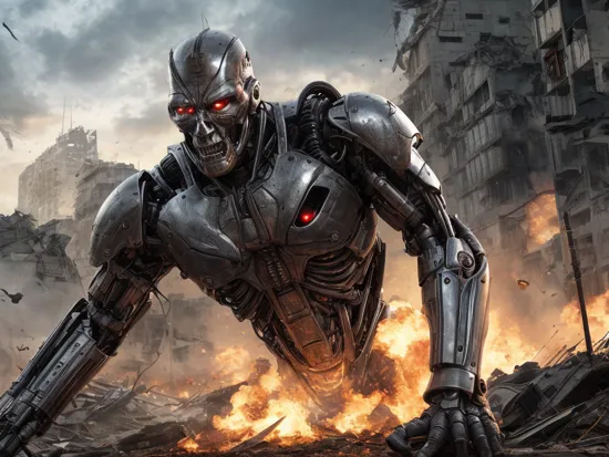 evil terminator man,  with damaged skin and head, using a futuristic weapon, on future war in destroyed city, hyper realistic, highly defined, highly detailed