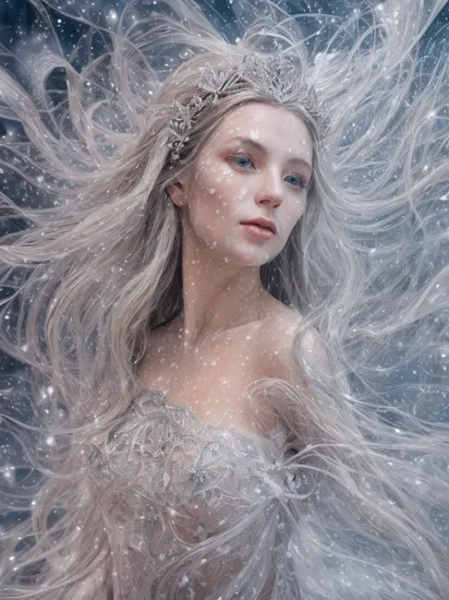 otherworldly analog photo, (dynamic pose:1.2), (dynamic camera), (Scandinavian woman with a face painted with a swirl pattern, glittering diamond star tiara), posing for fashion, (long silver hair that flows like a river, wind floating hair), snowflake, (intricate snowflakes volumetric abstract background:1.3), in the style of intimacy, dreamscape portraiture, solarization, solarization effect, reflections and mirroring, shiny kitsch pop art, photobash, (composition centering, conceptual photography), (natural colors, correct white balance, color correction, dehaze, clarity), detailed textures, photography, detailed photography, photoshadow,   