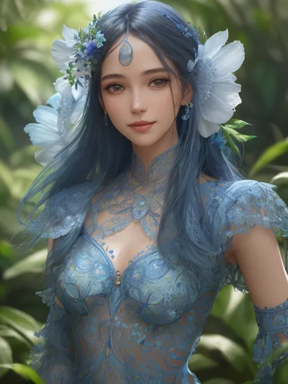 fashion photography portrait of blue human avatar, in blue lush jungle with flowers and birds,symetrical, smile, 3d render, cgi, octane render, 35mm, bokeh, 9:16, (intricate details:1.12), hdr, (intricate details, hyperdetailed:1.15), (natural skin texture, hyperrealism, soft light, sharp:1.2), <lora:Pure_Innocent_girl2:0.5>