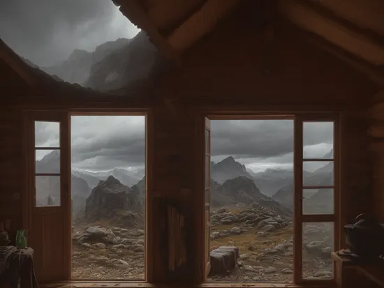 RAW photo, (view from inside cozy wooden hut on mountain peak:1.1),view through window front,(doors:1.2),,(under wooden roof:1.3), perfect composition, firepit outside ,lit interior, looking over sky and landscape, ((the frontier)), basic wooden furniture ,  (divided windows:1.1),postapocalyptic setting,(windy),autumn, apocalyptic storm, survival equipment, (desolate wilderness:1.2),far rain,dark stormy sky, detailed multi volumetric storm clouds,  natural spooky light, perfect composition,(conceptual photography), diverse background,realistic, (Dark Theme:1.1),  detailed,  (intricate mounain landscape:1.1),  epic landscape, 8k,  