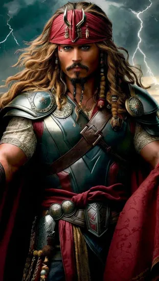 Johnny Depp, Thor @JohnnyDepp, the Asgardian prince, is armored for battle. His suit, adorned with ancient runes, and a billowing red cape symbolize his royal lineage. Mjolnir, ever-present in his grip, is alive with the thunder and lightning of his divine power, as his long hair and beard give him a look of a warrior deity.