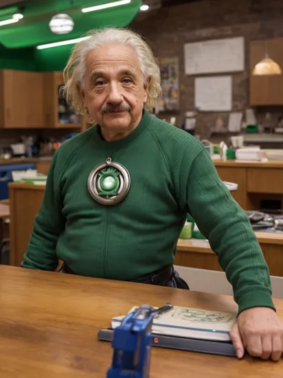 Albert Einstein as Green Lantern , superhero, hyper detailed,  colorful,Leaning on a desk or counter, engaged in conversation, Asymmetrical angle,Detailed Albuquerque New Mexico background, 