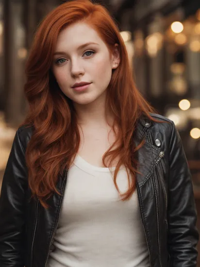 portrait photography, redhead, leather jacket, club background, soft colors, bokeh, (high detailed skin:1.1)
  3mk1n1