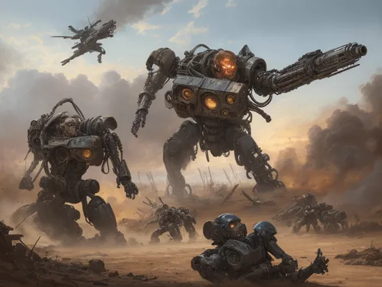 oil painting of  a battle scene between (terminators) and (humans), style of a civil war painting, style of Don Troiani ((masterpiece)), 8K, UHD,  (highest quality, 4k), award winning, amazing details, best quality.  highly detailed, detailed, 8k uhd, high quality